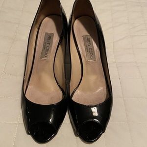 Jimmy Choo 8 Stiletto Peep Open Toe Pumps Black Patent Leather 41 Shoes Italy